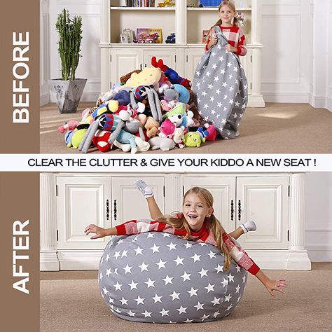 Stuffed Animal Bean Bag Chair Diy, Bean Bag Stuffed Animal Storage, Stuffed Animal Bean Bag Chair Storage, Stuffed Aminal Storage Kids Rooms, Playroom Stuffed Animal Storage, Stuffed Animal Storage Bean Bag Chairs, Stuffy Storage Ideas, Blanket Storage Kids Room, Plush Toys Storage Ideas