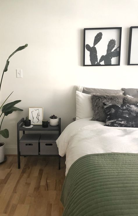 Black and white and green bedroom. Plant inspired bedroom. Sage White And Black Bedroom, Green And Black Bedroom Ideas Aesthetic, Dark Green Bedroom White Walls, Sage Green White Black Bedroom, Black White Gray Green Bedroom, Green And Grey Room Aesthetic, Black White Green Wood Bedroom, Black White And Plants Bedroom, Black And White Bedroom Ideas With Plants