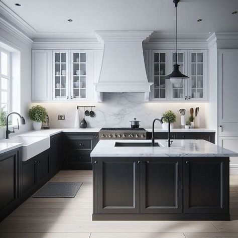 a kitchen with black lower cabinets, all white quartz kitchen countertops with a stainless steel sink and black kitchen faucet and upper cabinets are white. The floors are a medium wood tone LVP - Image Creator from Microsoft Designer Kitchen Cabinets White Uppers Dark Lowers, Kitchen Dark Lower Cabinets White Upper, Kitchen White Uppers Black Lowers, Kitchen With Black And White Cabinets, Black Lowers White Upper Cabinets, Kitchen Black Lower Cabinets White Upper, Dark Lower Cabinets Light Upper Kitchen, Dark Lower Cabinets White Upper, Black Countertop White Cabinets