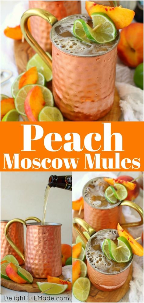 Seasonal Moscow Mules, Crushed Ginger Recipes, Mules Drinks Cocktail Recipes, Mule Drink Recipes Ginger Beer, Fruity Moscow Mule Recipe, Mules Drink Recipes, Peach Mule Drink Recipes, Summer Moscow Mule Recipe, Peach Snaps Cocktails