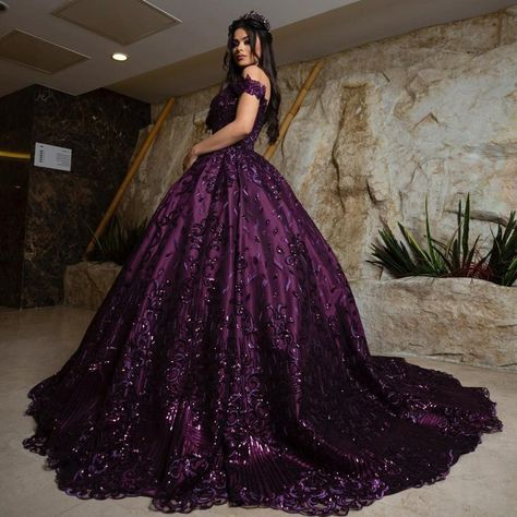 Dark Purple Ball Gown, Dark Purple Quinceanera Dresses, Plum Wedding Dresses, Purple Quince Dress, Dark Purple Wedding, Purple Ball Gown, Dark Purple Dresses, Quinceanera Themes Dresses, Purple Quinceanera Dresses