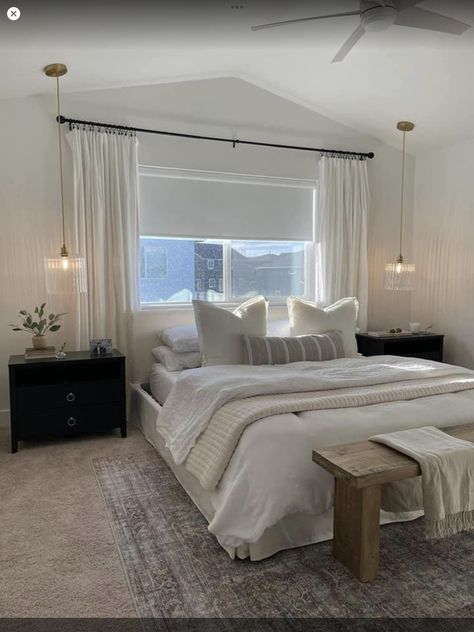 Small Master Bedrooms With Window Behind Bed, Master Bedrooms Decor Cozy Window Behind Bed, Windows Above Bed Ideas, White Bed In Front Of Window, Bedroom Ideas Under Window, Bedroom Inspirations Big Window, Bed Under Windows Ideas, Bedroom Window Behind Headboard, Bed In Front Of Window Curtains