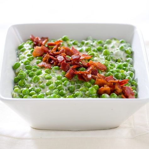 In this creamy Christmas side dish, the sweetness of bacon and scallions balance the tartness of the goat cheese. Peas With Bacon, Peas Bacon, Peas And Bacon, Creamy Peas, Creamed Peas, Happy Eating, Christmas Side Dishes, Community Table, Spring Entertaining