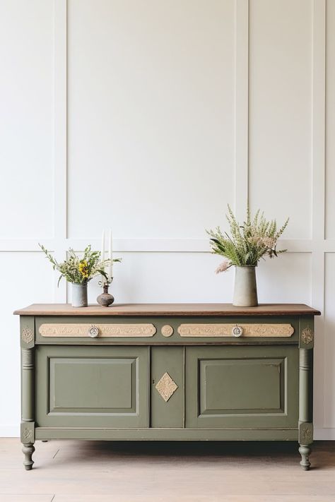 Best Green Furniture Paint Furniture Makeover Green, Hunter Green Furniture, Painted Wood Furniture Ideas, Green Furniture Paint, Best Paint For Wood, Benjamin Moore Advance Paint, Green Chalk Paint, Best Paint Sprayer, Green Painted Furniture