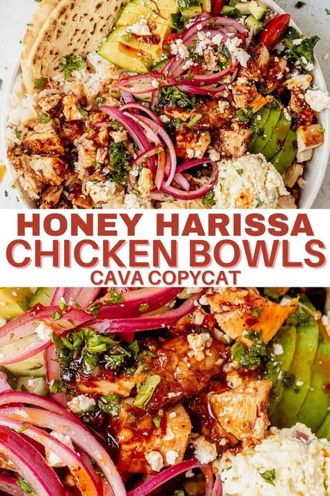 Learn how to make CAVA's popular honey harissa chicken recipe right at home. Plus, get ideas for recipe variations and tips for meal prepping ahead of time. This homemade CAVA bowl features tender chicken marinated in a delicious honey harissa sauce and tossed with Mediterranean-style toppings. It's all placed over a bed of basmati rice and lettuce, drizzled with a hot harissa vinaigrette, and served with a warm pita. Hot Honey Chicken Plate Crowded Kitchen, Crockpot Honey Harissa Chicken, Homemade Cava Bowl, Cava Harrisa Chicken, Honey Harrisa Chicken Recipe, Instant Pot Harissa Chicken, Harissa Avocado Bowl Cava, Copycat Cava Bowls, Anti Inflammation Bowl Recipes