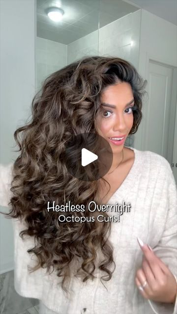 2.8M views · 118K likes | Ariba Pervaiz on Instagram: "Im going to call these Octopus curls! The curler is linked in my Amazon store. 😉  It looks overwhelming but it was surprisingly quicker than a curling iron and more effective. Heatless curls are a healthier alternative, they definitely give more definition and always end up lasting me longer. Do this on clean hair, spray it a little damp before starting but do NOT soak it wet. Leave it 5-7 hours or overnight!  . . . . . . . . #heatlesscurlsovernight #octopuscurler #hairhacks #overnightcurls #healthyhairtips #heatlesshair" How To Curl Long Hair Overnight, Cold Curls Hair, Beatles Curls Overnight, Overnight Braids Curls, Heatless Curls On Curly Hair, How To Preserve Curls Overnight, Overnight Bun Curls, Overnight Tight Curls, Overnight Curls With Socks