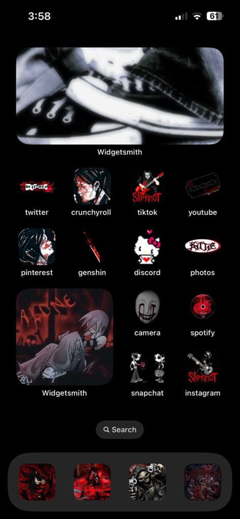 ios 14 home screen with red and black theme Emo Phone Widgets, Ios Homescreen Ideas Dark, Dark Layout Aesthetic, Red And Black Iphone Layout, Alt Phone Layout, Red And Black Homescreen Layout, Dark Phone Theme Ideas, Emo Iphone Layout, Shoes Pixel Art