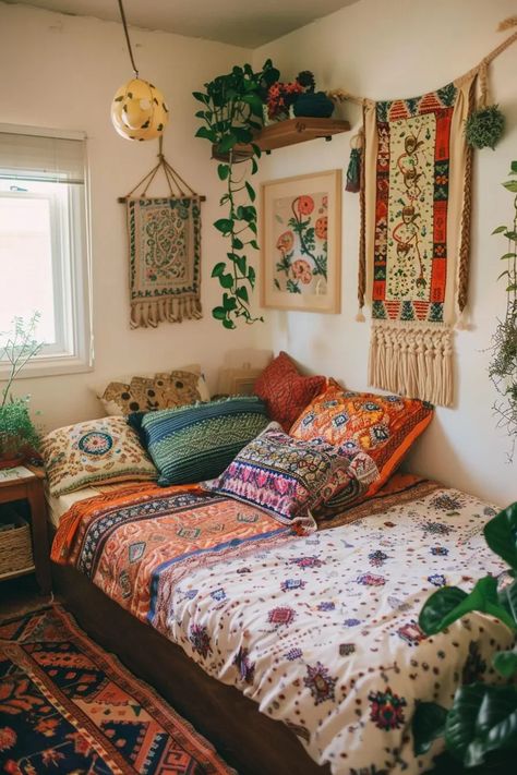 Boho Loft Ideas, Boho Small Bedroom, Low Bed Ideas, Small Boho Bedroom, Living Room Without Sofa, Eclectic Bedrooms, Look Hippie Chic, Colorful Bedroom Decor, Retro Bedroom