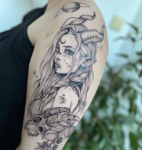 Capricorn Goddess and Saturn tattoo located on the arm and shoulder Side Sleeve Tattoos Women, Women With Horns Tattoo, Capricorn Chest Tattoo For Women, Pretty Capricorn Tattoo, Capricorn Fairy Tattoo, Capricorn Tattoo Sleeve, Capricorn Witch Tattoo, Feminine Capricorn Tattoo, Capricorn Goat Tattoo For Women