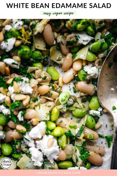 We can't get enough of this white bean salad with lemon, artichokes, herbs and edamame. It's light, refreshing, tangy, briny, and packed with plant-based protein. It makes for a wonderful side dish for any occasion, or a light dinner or lunch. Artichoke Bean Salad, Light Vegan Meals, Bean Side Dish Recipes, White Bean Salad Recipes, Vegan Bean Salad, Crowded Kitchen, Salad With Lemon, Cooking Dried Beans, White Bean Salad