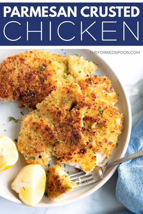 This Parmesan Crusted Chicken is made with thinly sliced chicken breast cutlets that are dredged in a delicious parmesan and panko bread crumb coating and pan-fried until perfectly crisp and golden brown. Easy to prepare and full of flavor, the whole family will love this amazing low-carb chicken recipe. Chicken And Bread Crumbs Recipes, Sliced Chicken Breast Recipes, Chicken Breast Cutlets, Chicken 101, Pan Fried Chicken Breast, Crusted Chicken Recipes, Chicken Cutlet Recipes, Chicken Breast Recipes Baked, Cutlets Recipes