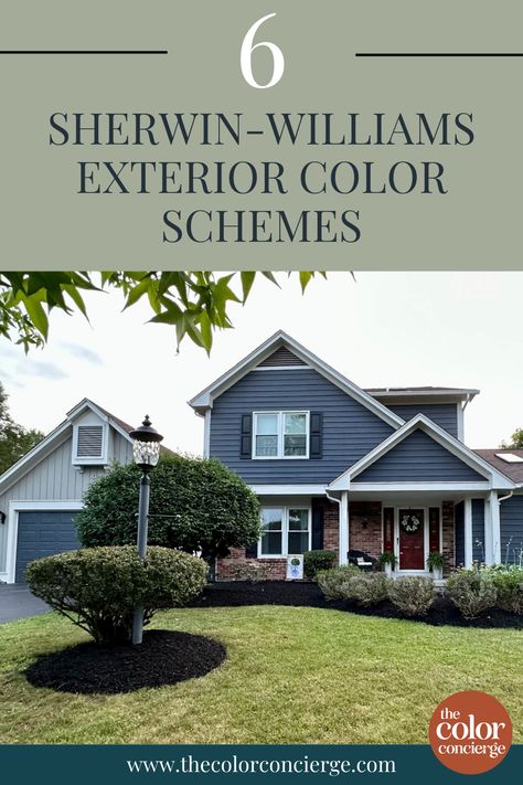 Explore 6 of our favorite Sherwin-Williams exterior color schemes and learn more about the color consultation process. @thecolorconcierge [fall house exterior, exterior color schemes, before and after home, exterior paint schemes, exterior paint color palettes, sherwin williams paint palette, sherwin-williams paint colors, paint color trends, interior designer, interior design tips] Before And After Home Exterior, Outdoor House Colors, Sherwin Williams Exterior House Colors, Exterior Paint Combinations, Exterior Paint Color Schemes, Best Exterior House Paint, Exterior Paint Color Combinations, Color Consultant, Outside House Colors