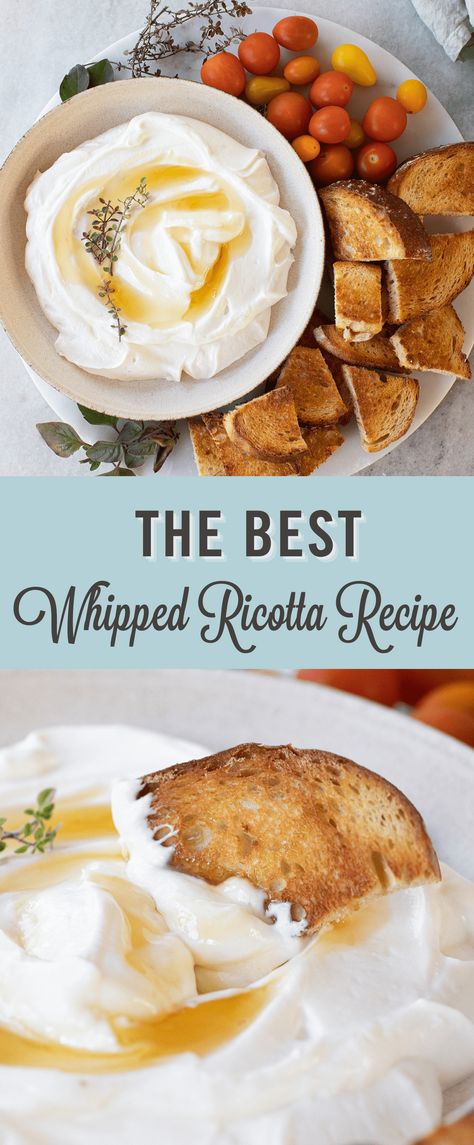 This whipped ricotta recipe is creamy, flavorful, and so easy to make. It's made with only three ingredients and takes less than 5 minutes to make Simple Ricotta Recipes, Flavored Ricotta Cheese, Whipped Lemon Ricotta Dip, Whipped Ricotta Sweet, Best Whipped Ricotta Dip, Ricotta Spread Recipes, Ricotta Snack Ideas, Whipped Ricotta Board, Whipped Ricotta Dip Honey