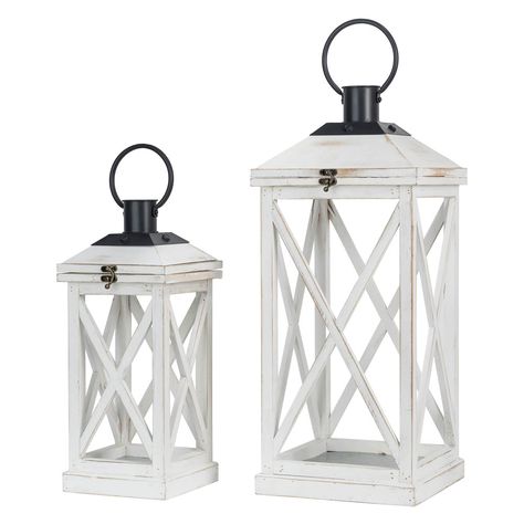 [OFFICIAL] Glitzhome Wash White Farmhouse Modern Wooden Decorative Lanterns - Set of 2 Floor Outdoor, Wooden Lantern, Lantern Craft, White Lanterns, Small Lanterns, Wood Lantern, Farmhouse Modern, Wooden Lanterns, Lantern Set