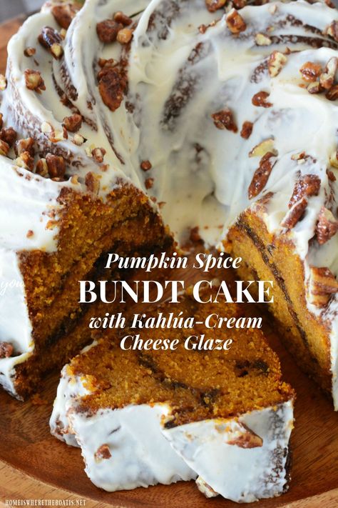 Pumpkin Spice Bundt Cake with Kahlúa-Cream Cheese Glaze #nationalbundtday #cake #pumpkinspice #thanksgiving #dessert #recipes Spiced Bundt Cake, Pumpkin Spice Bundt Cake, Spice Bundt Cake, Coffee Cake Bundt, Kahlua And Cream, Cream Cheese Bundt Cake, Fancy Desserts Recipes, Cream Cheese Glaze, Pumpkin Cream Cheeses