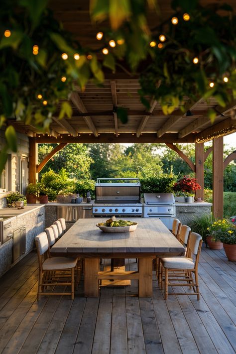 Outdoor kitchen with a wooden dining table, chairs, grill, and string lights, surrounded by greenery. Covered Outdoor Dining Spaces, Covered Patio Grill Station, Backyard Hosting Ideas, Affordable Outdoor Kitchen Ideas, Outdoor Kitchen With Roof, Outside Kitchen Ideas Outdoor Spaces, Outdoor Kitchen Deck, Covered Patio With Outdoor Kitchen, Patio Covering Ideas