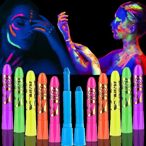 PRICES MAY VARY. ✨【Easy to color and clean】: These glow in the dark markers use a rotating design that can be turned on and off in an instant. It can be easily colored with one swipe, saving you a lot of time. In addition, these neon pens are very easy to clean, just use water or soap to clean them without residue. It is an indispensable small tool for every party game session.Please note: Body paint glow sticks cannot directly glow in the dark, they need to be glow in the dark under UV. ✨【Safe Blacklight Birthday Party, Neon Face Paint, Dark Face, Glow In Dark Party, Neon Birthday Party, Glow In The Dark Paint, Glow Party Supplies, Sweet Sixteen Birthday Party Ideas, Glow Birthday Party