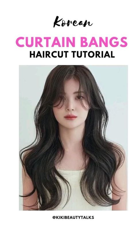 Korean Curtain Bangs Haircut Curtain Bangs Haircut, Korean Curtain Bangs, Korean Wavy Hair, Bangs Haircut, Mermaid Summer, Bangs Wavy Hair, Red Hair Inspiration, Bangs Hairstyle, Bangs Tutorial