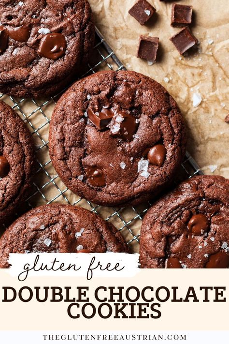 Indulge in the ultimate chocolate experience with these irresistible gluten free double chocolate chip cookies! Perfectly soft, chewy, and loaded with rich, decadent chocolate, these cookies are a must-try for every chocolate lover. Whether you're celebrating a special occasion or just satisfying a sweet craving, these cookies will quickly become a favorite. Make every bite count with this delicious gluten free treat Gf Double Chocolate Chip Cookies, Gluten Free Double Chocolate Cookies, Gf Chocolate Chip Cookies, Double Chocolate Chunk Cookies, Gluten Free Chocolate Desserts, Gluten Free Chocolate Cookies, Gluten Free Christmas Cookies, Cookie Board, Ultimate Cookies