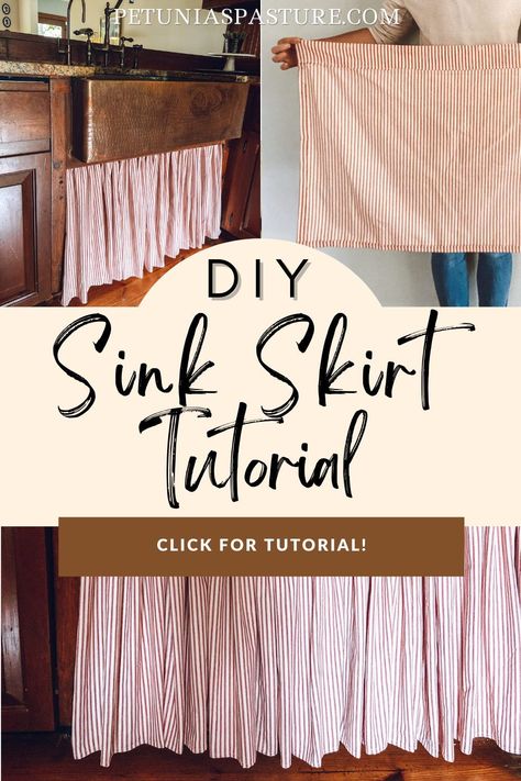 Skirted Kitchen Sink, Curtains On Kitchen Cabinets, Farmhouse Sink Skirt, Laundry Room Curtains Window, Sink Skirts Kitchen, Bathroom Sink Curtain Skirt, Under Counter Curtain Diy, Kitchen Sink Skirt Ideas, Sink Skirt Laundry Room