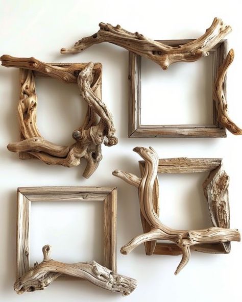 Couple crafts 8 driftwood picture frames. Their living room now exudes a coastal vibe Couple Crafts, Twig Crafts, Driftwood Frame, Driftwood Diy, Driftwood Art Diy, Old Glass Bottles, Boho Crafts Diy, Driftwood Projects, Driftwood Wall Art