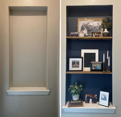 Hallway Nook Decorating Ideas, Art Niche Decorating Ideas Entryway, How To Style Wall Niche, Wall Niche Ideas Entryway, Recessed Wall Niche Decor, Wall Cut Out Ideas, Art Niche Decorating Ideas, Hallway Niche Ideas, Decorating A Niche In A Wall