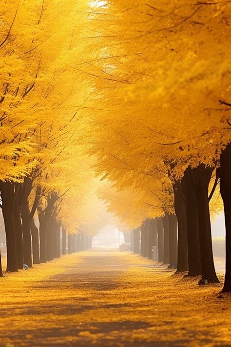 autumn,gyeonggi do,road,tree,fallen leaves,yellow,maple leaves,background,light,morning,fog,yeoju city,ginkgo tree,landscape,scenery,korea Ginkgo Tree Landscape, Yellow Tree Aesthetic, Scenery Korea, Yellow Tree Wallpaper, Yellow Scenery, Golden Scenery, Yellow Park, Road Wallpaper, Yellow Landscape