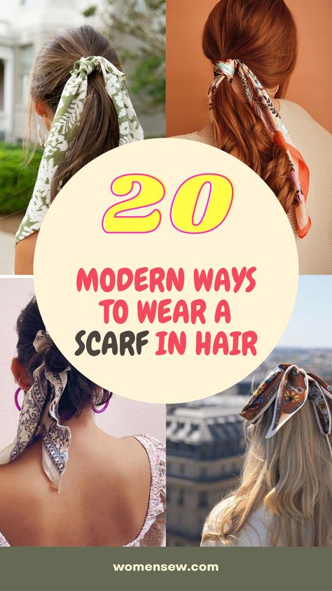 Scarf Tied In Hair, Using A Scarf In Your Hair, Silk Hair Tie Scarf, How To Hair Scarf Styles, Ways To Style Hair Scarf, High Pony With Scarf, Updo With A Scarf, Tying A Scarf In Your Hair, Hair Tie With Scarf