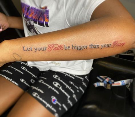 Small Tattoo Ideas Black Women, Scripture Tattoos For Women Arm, Small Tattoos Black Women, Side Arm Tattoos For Women, Small Face Tattoos, Arm Quote Tattoos, Fear Tattoo, Arm Tattoos Black, Side Arm Tattoos