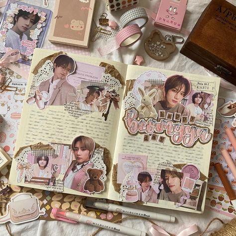 Made by @ggomgyu on Instagram Journal Ideas Aesthetic Kpop, Kpop Scrapbook Ideas, Happy Beomgyu, Beomgyu Birthday, Kpop Journal Ideas, Kpop Scrapbook, Birthday Spread, Vision Journal, Kpop Journaling