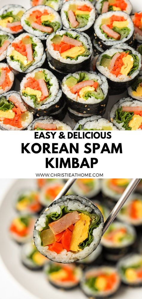 Spam Kimbap. Delicious Korean style sushi rolls filled with warm rice, spam, lettuce, pickled radish, egg and carrots. A fantastic Korean recipe that serves well for lunch, a snack or any meal of the day! Korean Sushi Rolls, Korean Food With Spam, Spam Kimbap Recipe, Healthy Recipes Korean, Korean Vegetable Recipes, Korean Sushi Kimbap, Korean Sushi Recipes, Spam Musubi Recipe Easy, Korean Spam Recipes