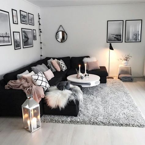 Pink Rug Living Room, Grey And Pink Living Room, Black Living Room Decor, Grey Living Room, Black And White Living Room, First Apartment Decorating, Black Living Room, Pink Living Room, Dekorasi Kamar Tidur