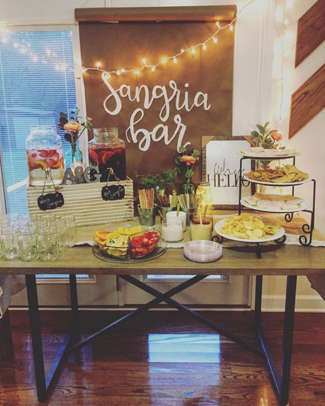 Bridal Shower Sangria Bar, Sangria Party Ideas, Wine Bar For Party, Sangria Bridal Shower Ideas, Vineyard Engagement Party, Summer Engagement Party Ideas, Engagement Party Foods, Sangria Bar Ideas, Engagement Party Drinks