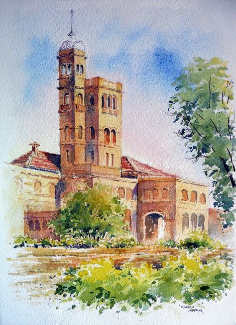 Building Watercolour Painting, Pune Sketches, Painting Ideas Buildings, University Sketch, Savitribai Phule, Watercolor Scenery Painting, Watercolour Painting Landscape, Watercolor Scenery, Watercolor Art Landscape