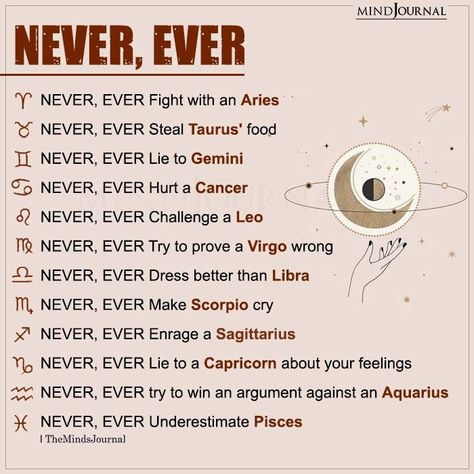 Things you should NEVER do to these zodiac signs. #zodiacmeme #zodiactraits #zodiacpersonality #astrology #horoscope #zodiacsign #sunsign Never Ever Zodiac Signs, Least Compatible Zodiac Signs, Zodiac Signs Info, About Zodiac Signs Facts, Zodiac Signs Who Is Most Likely To, New Zodiac Signs Dates, Things About Zodiac Signs, Zodiac Sexuality, Zodiac Signs Sexuality