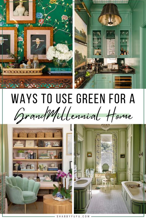 Not sure how to add the grandmillenial style to your home using green? In this post, we'll show amazing ideas and home interior designs that have nailed the grandmillenial style to a T. grandmillenial rugs | grandmillenial style living room pendant lights & chandeliers | traditional home decor Light Green Aesthetic Living Room, Grand Millennial Living Room With Tv, Grandmillennial Interior Design, Grandmillenial Hallway, Dark Grandmillenial Style, Grandmillenial Decor Style, Light Blue Green Living Room, Grand Millennial Style Dining Room, Traditional Green Living Room