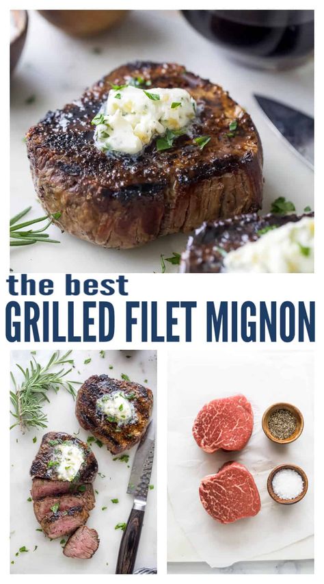 This beginner foolproof method for grilled filet mignon will turn your home into a Michelin kitchen with only 3 ingredients. It'll be your go-to for when you need an easy but fancy-looking weeknight dinner! The key is getting the grill really hot! #steakdinner #grilledsteak #filetmignon #grilledfiletmignon #howtocooksteak Grilling A Filet Mignon, Best Grilled Filet Mignon Recipe, Grilled Fillet Mignon Recipes, Marinate Fillet Mignon, Cooking Filet Mignon Grill, Filet Steak Marinade, Grilled Fillet Mignon, Best Way To Cook Filet Mignon On Grill, Grilled Filet Mignon How To Cook