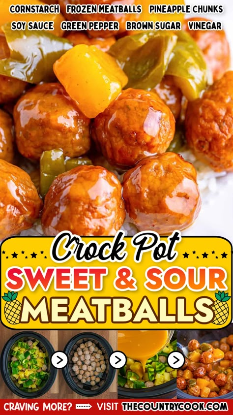 Crock Pot Sweet and Sour Meatballs are a delicious and easy recipe! Meatballs, pineapple and peppers are all coated in a homemade sweet and sour sauce! Hawaii Meatballs Slow Cooker, Sweat And Sour Meatballs Easy Crockpot, Crock Pot Crowd Pleasers, Sweet And Sour Crockpot Meatballs, Sweet N Sour Meatballs Crockpot, Mini Lunch Crockpot Recipes Ideas, Crock Pot Sweet And Sour Meatballs, Slow Cooker Sweet And Sour Meatballs, Sweet Sour Meatballs Crockpot