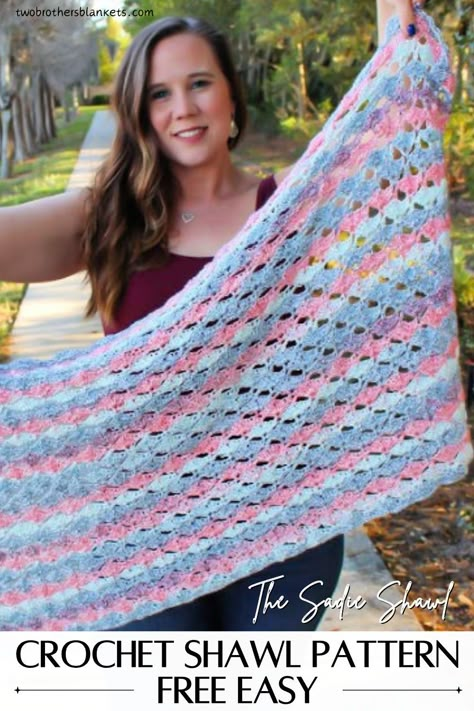 The Sadie Shawl features a beautiful crochet shell stitch. You can view this simple crochet shawl pattern free on my Blog! This rectangular crochet wrap pattern comes in two sizes, long and extra long, and is the  perfect layering piece for spring or summer! This crochet pattern uses sport weight (#2) yarn. #crochetshawl #freepattern Crochet Rectangle Shawl Pattern Free, Crochet Prayer Shawls Free Pattern Easy, Crochet Shawl Pattern Free Easy, Crochet Shawl Pattern Free Easy Simple, Crochet Wrap Pattern Free, Simple Crochet Shawl, Crochet Sweater Pattern Easy, Rectangle Shawl Pattern, Prayer Shawl Crochet Pattern