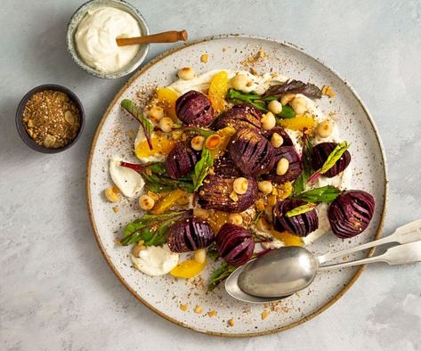 Recipe Hasselback beetroot salad with macadamia cream Hasselback Beetroot, Thermomix Salads, Spiced Cashews, Cauliflower Hummus, Roasted Cauliflower Salad, Ginger Salmon, Beetroot Salad, Olive Tapenade, Cauliflower Salad