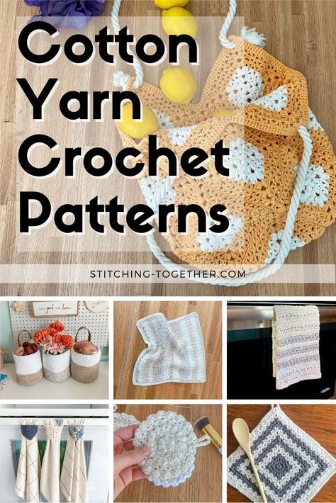 graphic reading "cotton yarn crochet patterns" with a collage image of different cotton crochet projects. Cotton Yarn Free Crochet Patterns, Easy Cotton Yarn Crochet Patterns, Crochet Gifts For The Home, Crochet With Cotton Yarn Easy Patterns, Easy Cotton Crochet Patterns Free, Peaches And Cream Yarn Projects, Small Crochet Projects Free Patterns Useful, Crochet Projects For Cotton Yarn, Crochet Pattern For Cotton Yarn