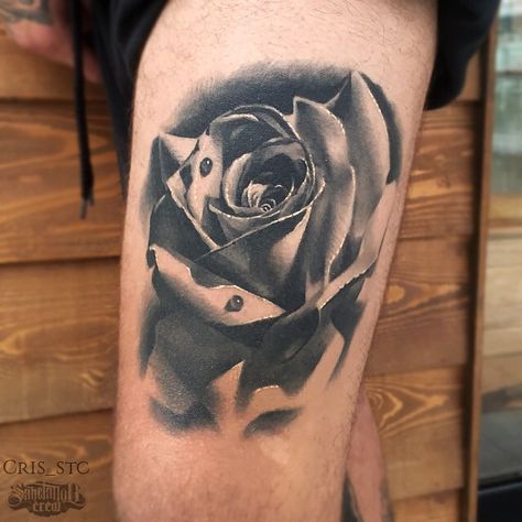 Realistic Rose Tattoo From Cris! #realism #realistic #black #grey #rose #thigh Rose Tattoo Realism, Flower Tattoo Black And Grey, Black And Grey Flower Tattoo, Realism Rose Tattoo, Grey Rose Tattoo, Flower Tattoo Black, Rose Tattoo Placement, Sake Tattoo, Black And Grey Rose Tattoo