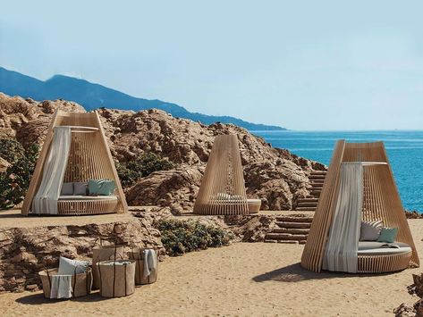 Lounge Bed, Beach Lounge, Best Outdoor Furniture, Elegant Curtains, Outdoor Furniture Design, Canopy Outdoor, Beach Hut, Beach Bars, Open Air