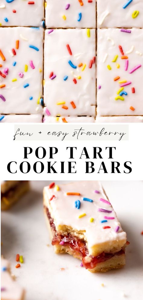 pop tart cookie bars filled with strawberry jam. Strawberry Poptart Shortbread, Strawberry Poptart Blondie, Strawberry Pop Tart Shortbread, Strawberry Poptart Recipe, Pop Tart Shortbread, Pop Tart Dessert, Strawberry Poptart Pie, Poptart Dessert Ideas, Pop Tart Cupcakes