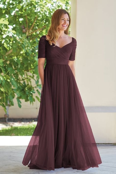 J215001 Netting with Stretch Lining MOB Dress with Portrait V-Neckline Party Wear Modest Dress, Bridesmaid Western Dresses, Scerts Model Dress, Simple Wedding Frocks, Long Dress Designs Gowns Western, A Line Frock Designs For Women, Function Outfits Women, Net Saree Dress Design Ideas, Stitching Dresses Ideas