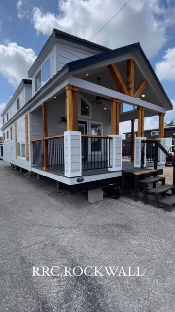 Tiny House With Porch Decks, Craftsman Style Beach House, Park Model Homes 2 Bedroom, Park Model Homes Interiors, Craftsman Style Front Porch, Style Front Porch, Recreational Resort Cottages, Park Model Trailer, Tiny Mobile House