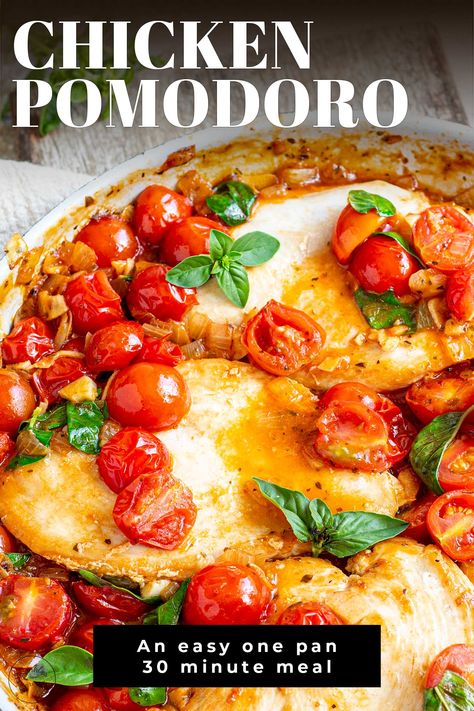 This classic chicken pomodoro is a hearty, flavorful meal for the whole family. Plus, it is all cooked in one pan. The recipe takes less than 30 minutes and is the perfect example of how a few simple ingredients can be transformed into something extraordinary. The juicy chicken cutlets are nestled in a cherry tomato sauce that's both sweet and savory. You'll want to ensure you have some crusty bread to soak up all the delicious sauce. Breaded Lemon Chicken With Burst Cherry Tomatoes, Chicken Rice Tomato Sauce Recipes, Fire Roasted Tomatoes Recipe Chicken, Tomatoes And Chicken Recipes, Cherry Tomato Chicken Recipes, Dinner Ideas With Tomatoes, Chicken Pomodoro Recipes, Chicken Cherry Tomato Recipe, Chicken With Tomatoes Recipes