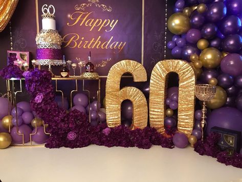 Purple And Gold 30th Birthday Party, 60th Birthday Ideas For Mom Purple And Gold, 60th Birthday Purple And Gold, Purple 60th Birthday Decorations, 60 Shades Of Purple Party, Purple 80th Birthday Party Ideas, 60th Birthday Ideas For Mom Purple, Purple And Gold Theme Party, Purple And Gold 50th Birthday Party