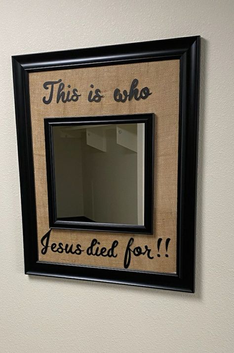 Using a large frame, a mirror and vinyl, remind us that Jesus died for US!! Prayer Room Ideas, Bible Crafts Sunday School, Sunday School Rooms, Mirror Vinyl, Sunday School Classroom, Prayer Closet, Church Youth, Christian Crafts, Prayer Wall