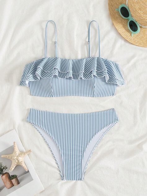 Women's Striped Ruffled Two-Piece Cute Strap Bikini Set, Boho Festival Style Multicolor Cute   Fabric Striped  High Stretch  Women Clothing, size features are:Bust: ,Length: ,Sleeve Length: Cute Summer Bikinis, Wedding Bra, Chiffon Cover Up, Boho Festival Fashion, Coverup Skirt, Summer Fashion Beach, Casual Cap, Swim Skirt, Styl Boho